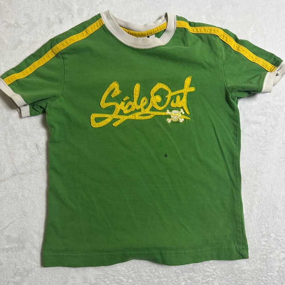 VTG Sideout Kids 5/6 Green Ringer T-Shirt Y2K Skater Skull Crossbones Streetwear